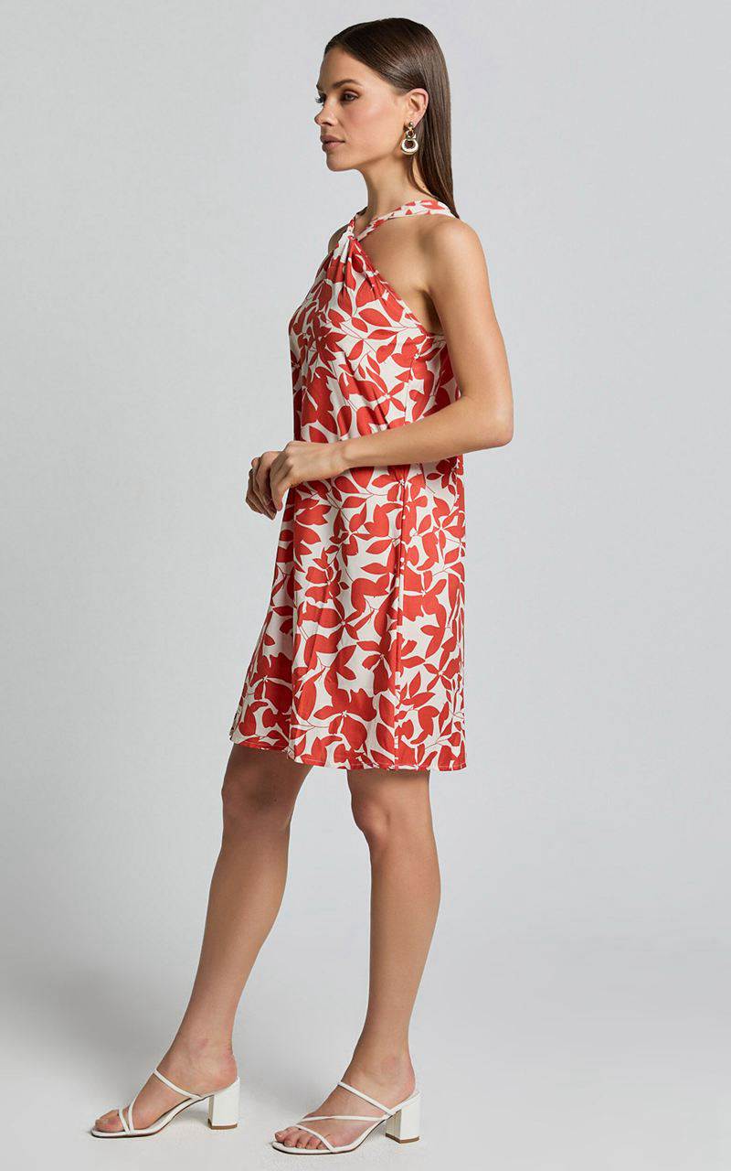 Showpo Vicki Mini Dress - Halter Neck A Line Dress Red Leaf Print | TFAXVS215