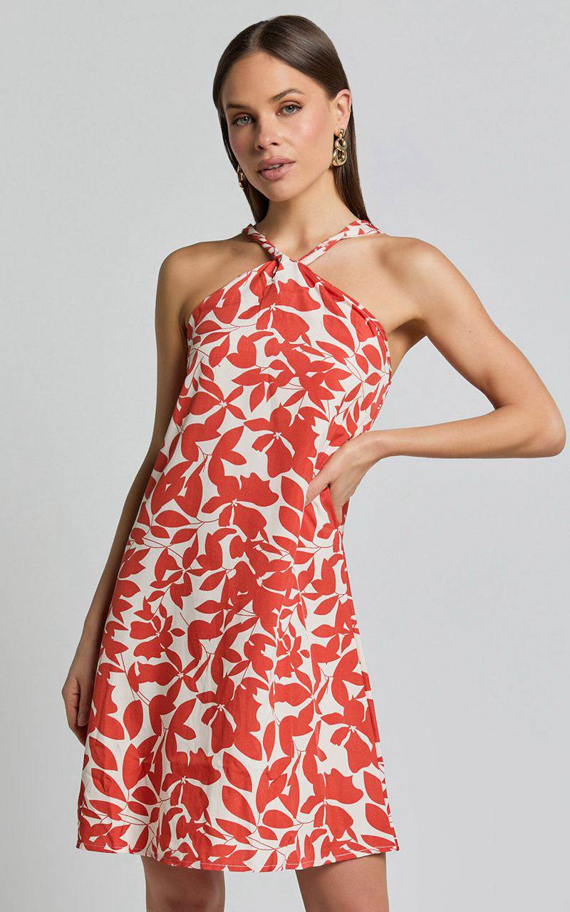 Showpo Vicki Mini Dress - Halter Neck A Line Dress Red Leaf Print | TFAXVS215