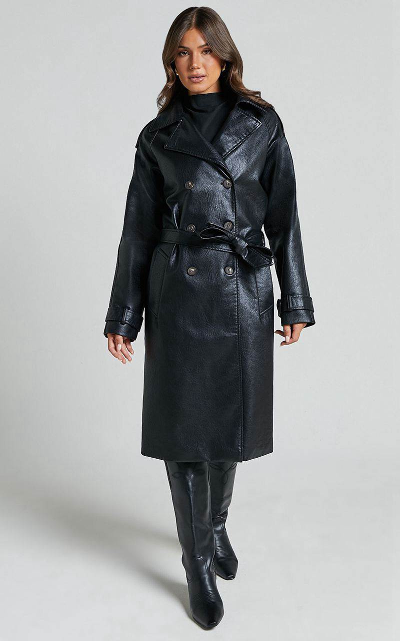 Showpo Vicki Trench Coat - Faux Leather Washed Trench Coat Black | ZXQSVR824