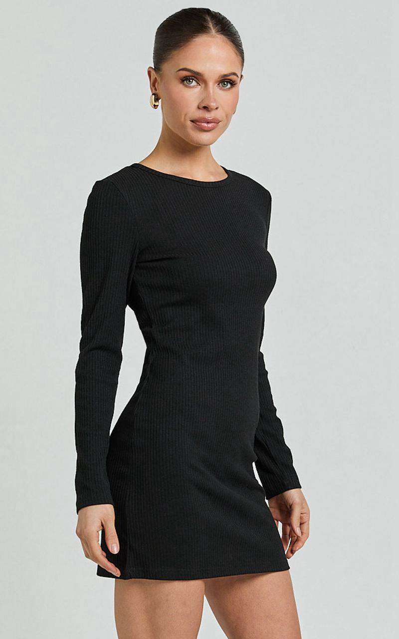 Showpo Victoria Mini Dress - Long Sleeve Ribbed Jersey Dress Black | ZUOEYL312