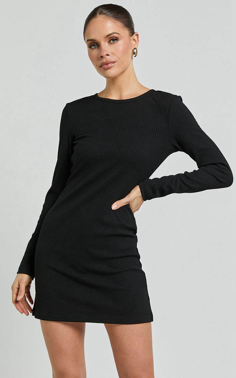 Showpo Victoria Mini Dress - Long Sleeve Ribbed Jersey Dress Black | ZUOEYL312