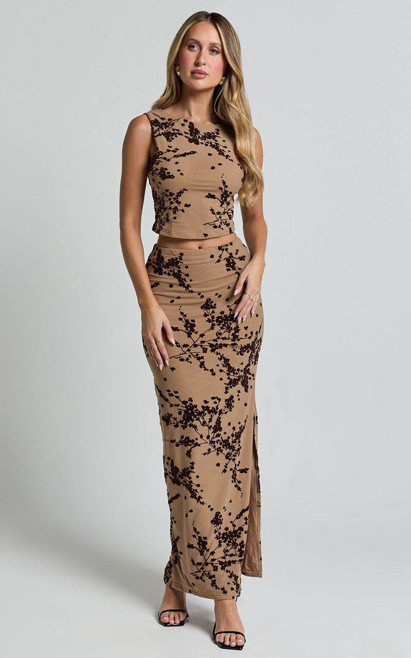 Showpo Vienna Two Piece Set - Cowl Back Top And Maxi Skirt Mesh Set Brown Floral | UROQGH816