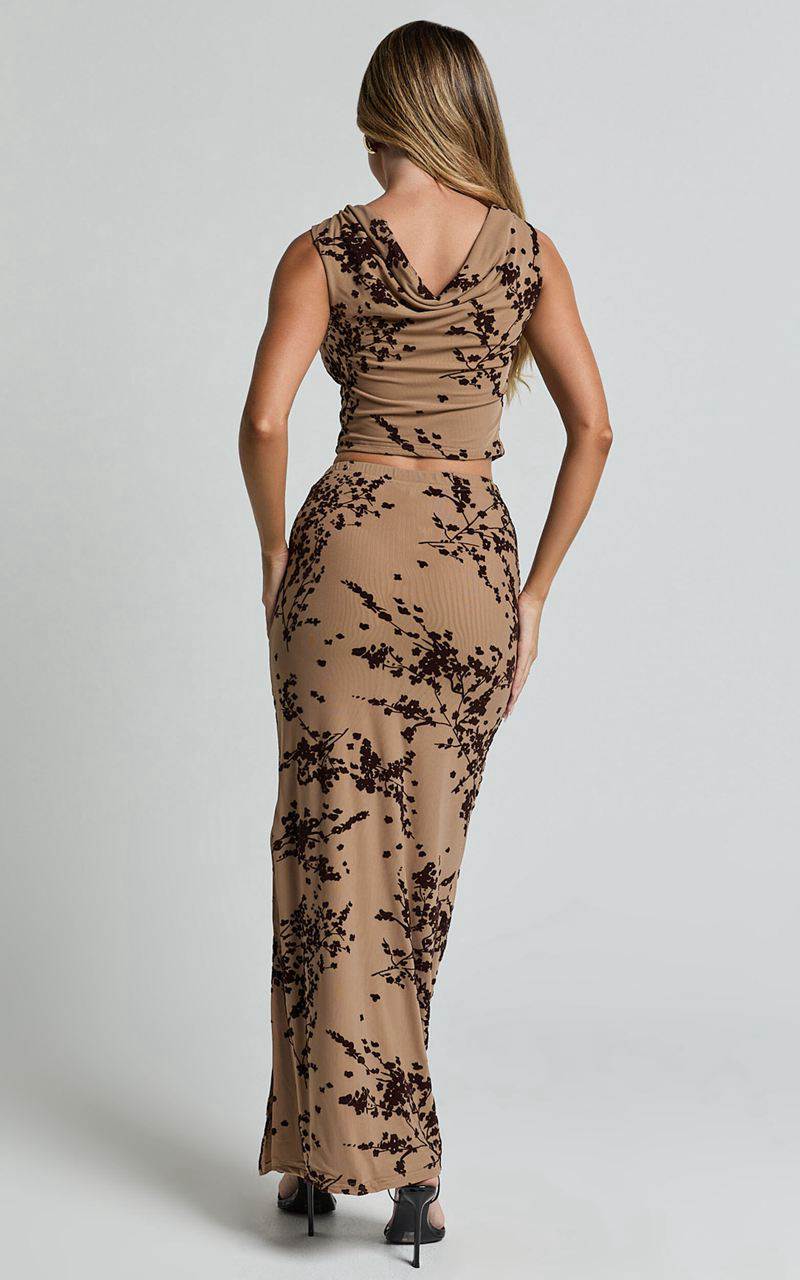 Showpo Vienna Two Piece Set - Cowl Back Top And Maxi Skirt Mesh Set Brown Floral | UROQGH816