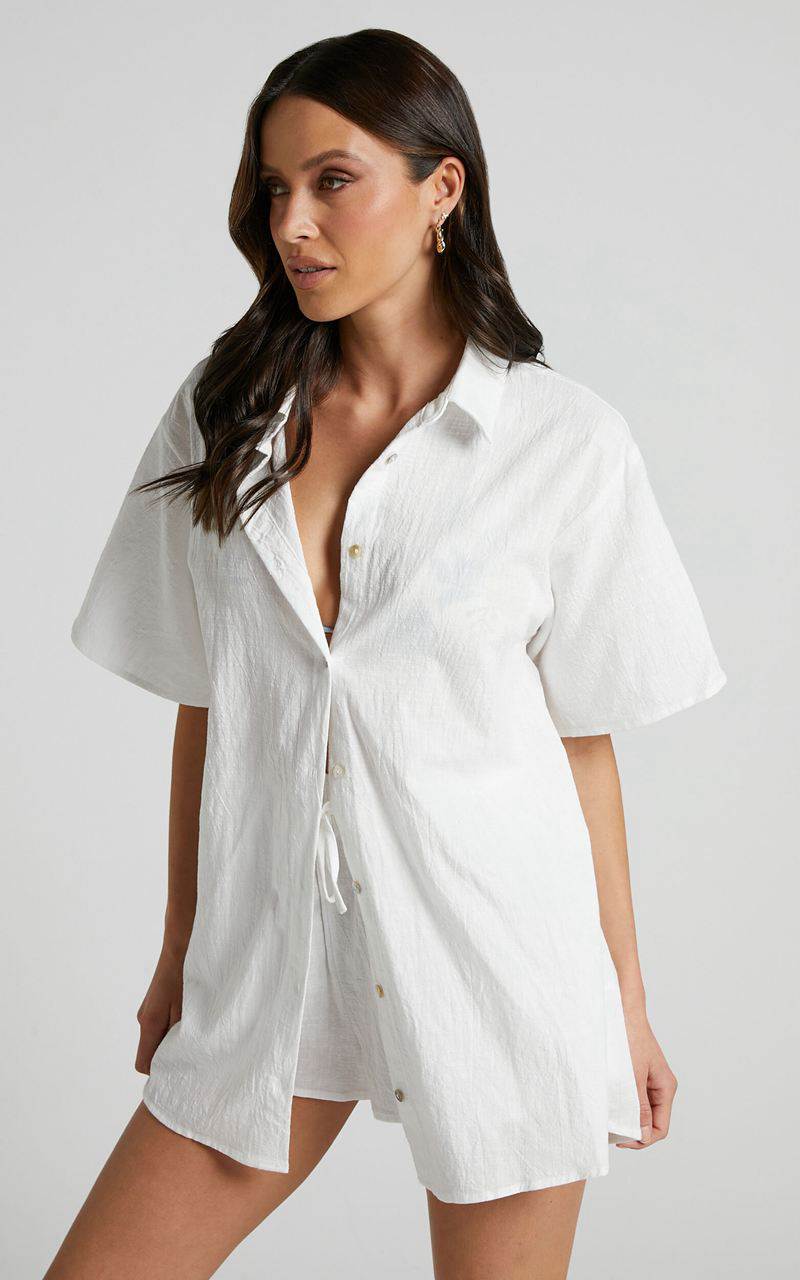 Showpo Vina Del Mar Two Piece Set - Linen Look Shirt And Shorts Set White | KPUMHW352