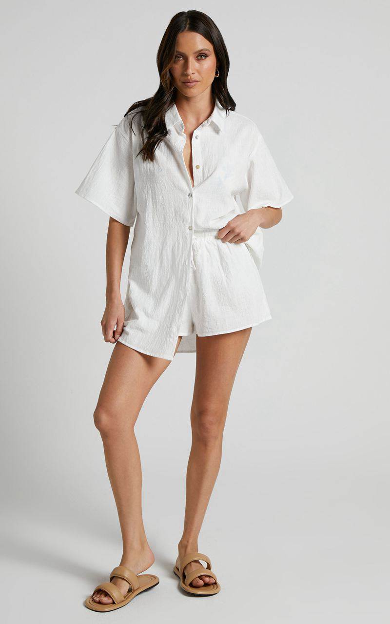 Showpo Vina Del Mar Two Piece Set - Linen Look Shirt And Shorts Set White | KPUMHW352