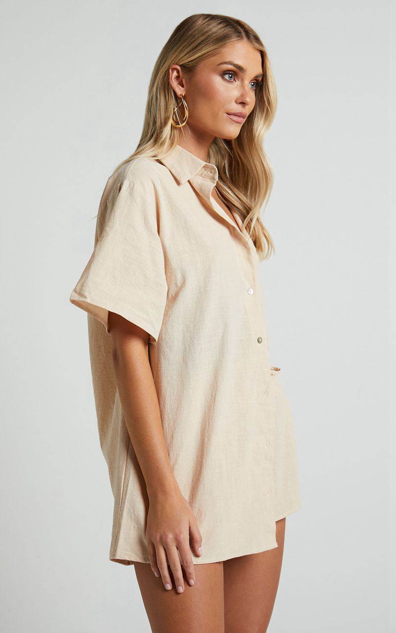 Showpo Vina Del Mar Two Piece Set - Linen Look Shirt And Shorts Set Oatmeal | UAKPZC354