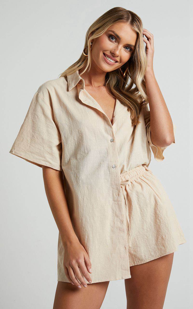 Showpo Vina Del Mar Two Piece Set - Linen Look Shirt And Shorts Set Oatmeal | UAKPZC354