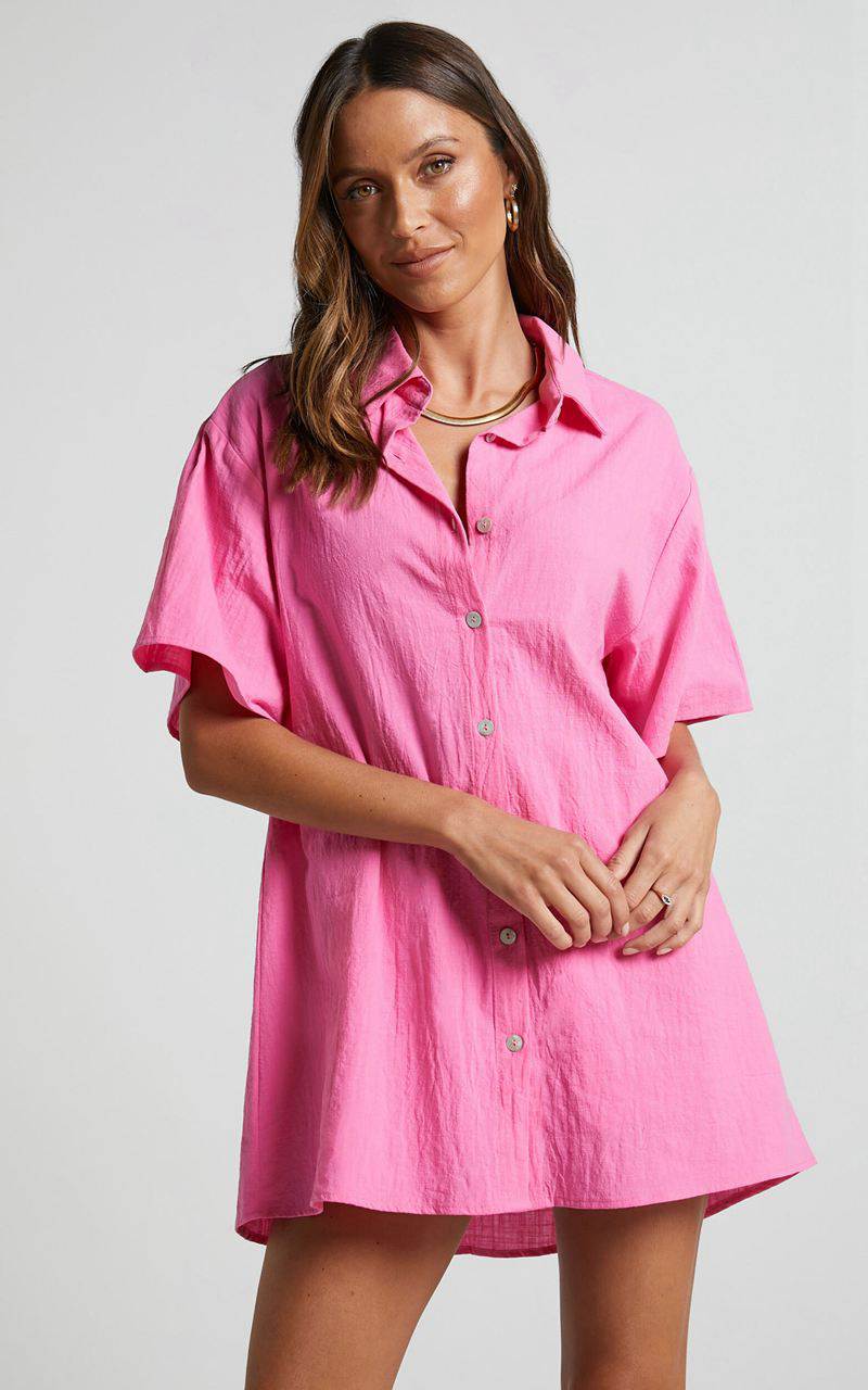 Showpo Vina Del Mar Two Piece Set - Linen Look Shirt And Shorts Set Hot Pink | JDXKRP415