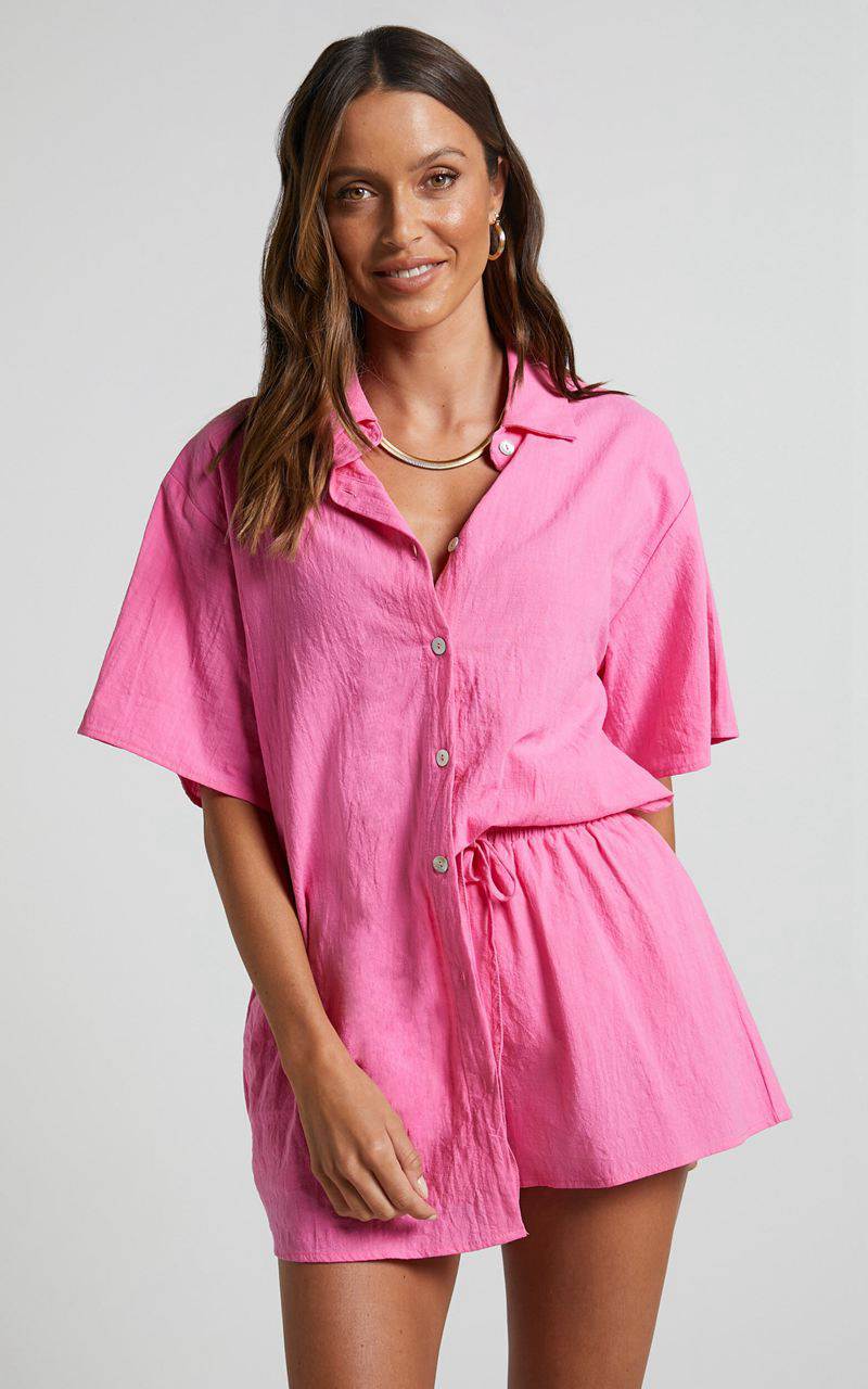 Showpo Vina Del Mar Two Piece Set - Linen Look Shirt And Shorts Set Hot Pink | JDXKRP415