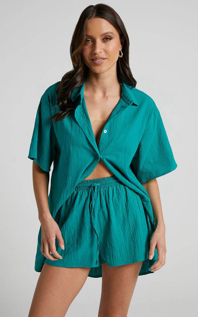 Showpo Vina Del Mar Two Piece Set - Linen Look Shirt And Shorts Set Green | KDFZQI341