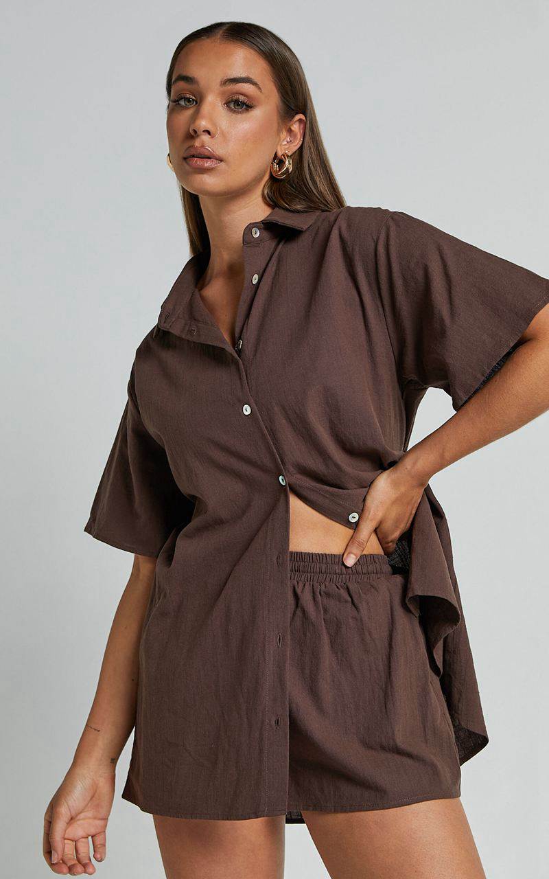 Showpo Vina Del Mar Two Piece Set - Linen Look Shirt And Shorts Set Chocolate | ISCMGB428