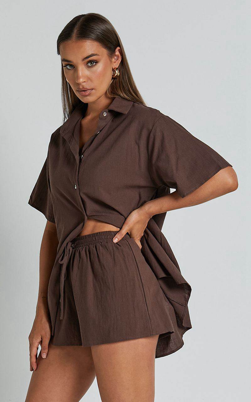 Showpo Vina Del Mar Two Piece Set - Linen Look Shirt And Shorts Set Chocolate | ISCMGB428