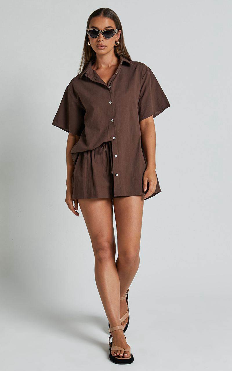 Showpo Vina Del Mar Two Piece Set - Linen Look Shirt And Shorts Set Chocolate | ISCMGB428