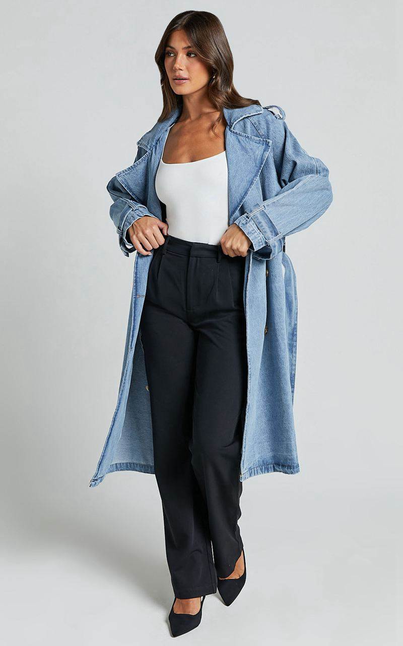 Showpo Vinnie Trench Coat - Denim Washed Trench Coat Mid Blue | LVWFST621