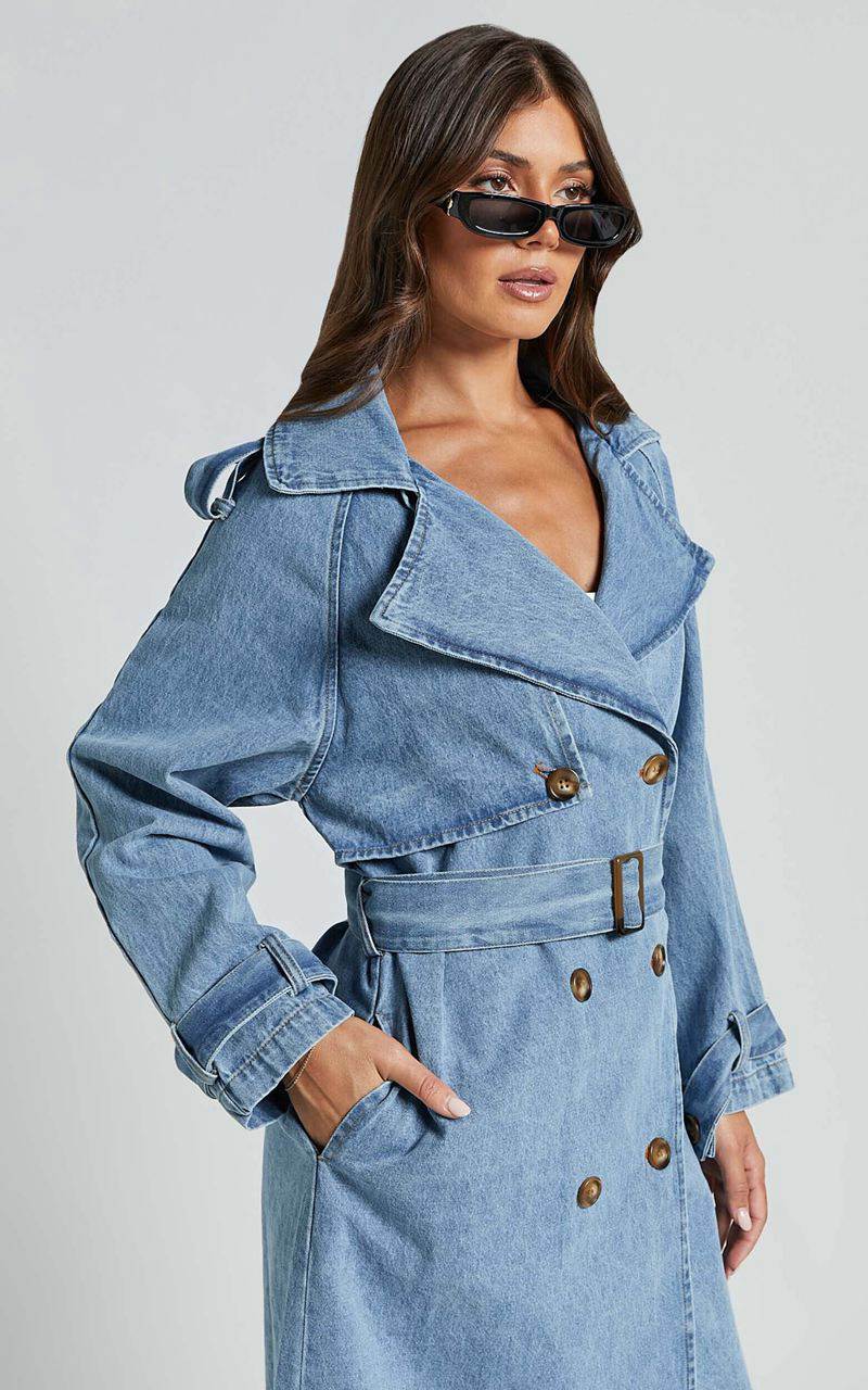 Showpo Vinnie Trench Coat - Denim Washed Trench Coat Mid Blue | LVWFST621