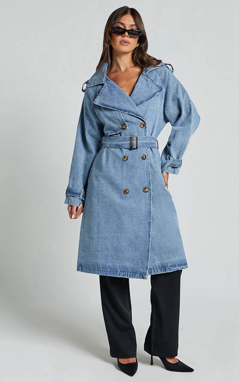 Showpo Vinnie Trench Coat - Denim Washed Trench Coat Mid Blue | LVWFST621