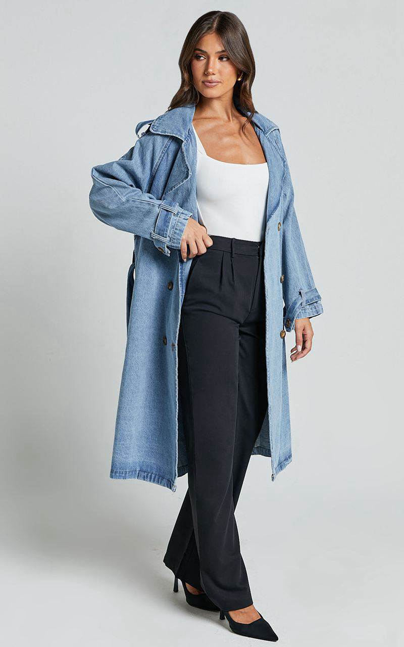 Showpo Vinnie Trench Coat - Denim Washed Trench Coat Mid Blue | LVWFST621