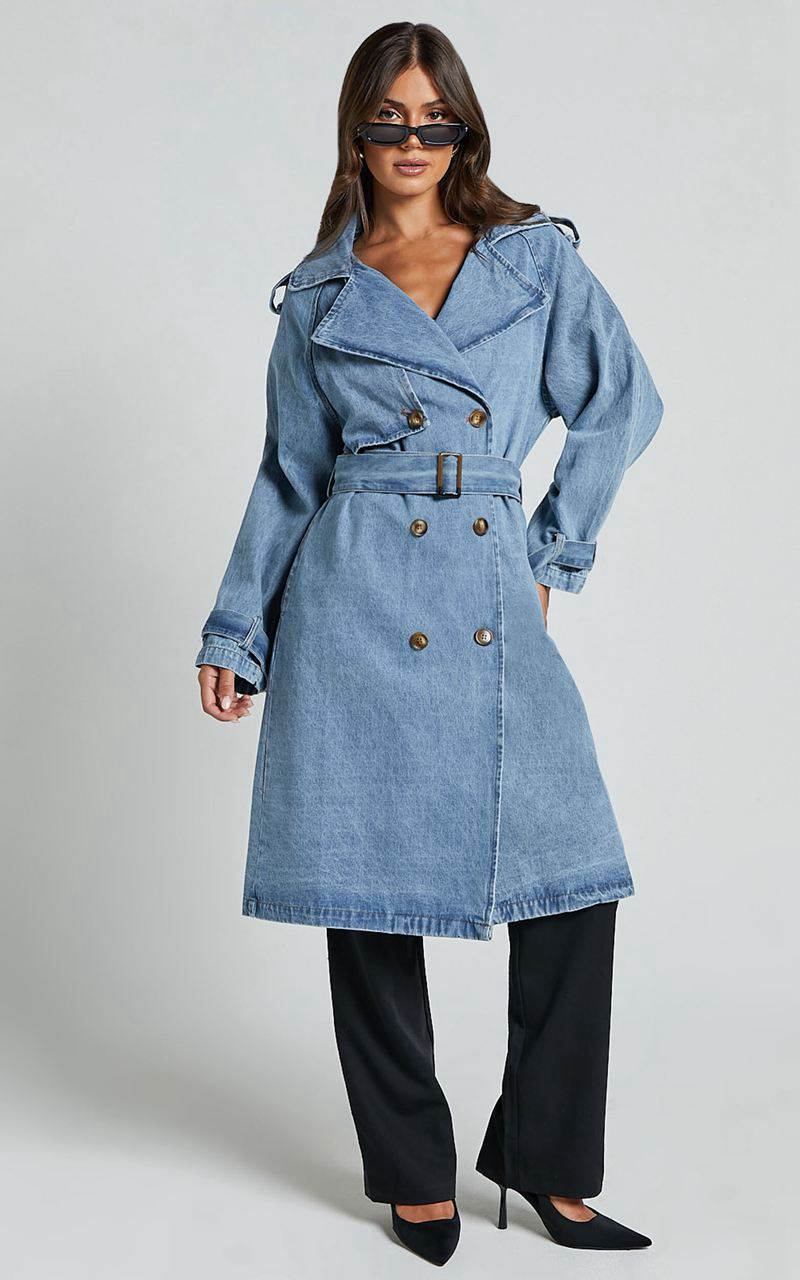 Showpo Vinnie Trench Coat - Denim Washed Trench Coat Mid Blue | LVWFST621