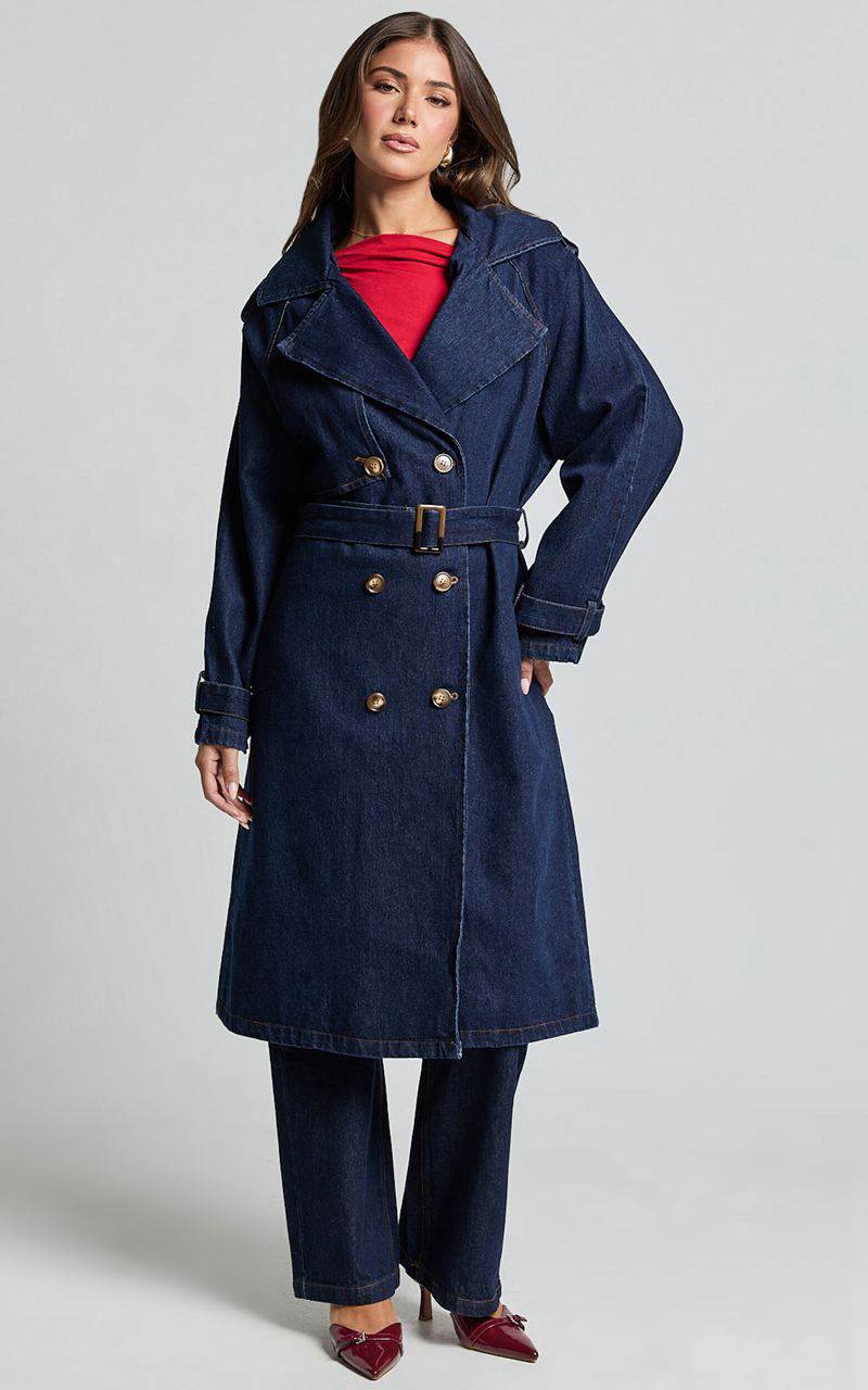 Showpo Vinnie Trench Coat - Denim Washed Trench Coat Dark Blue Wash | TIMSGD824