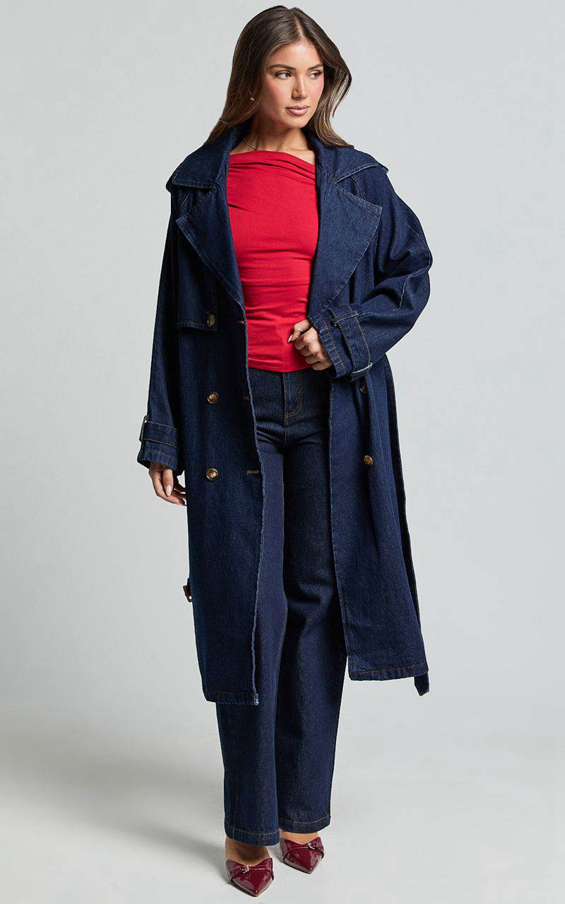 Showpo Vinnie Trench Coat - Denim Washed Trench Coat Dark Blue Wash | TIMSGD824