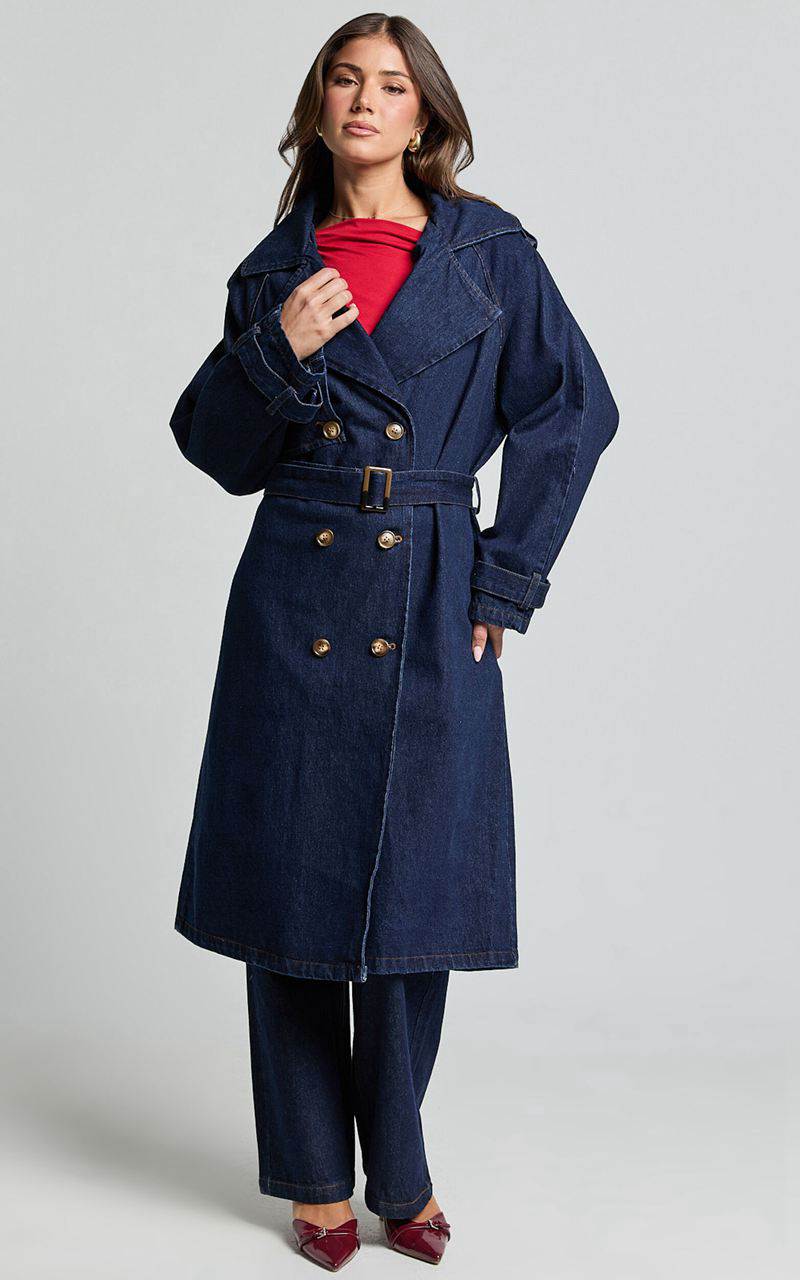 Showpo Vinnie Trench Coat - Denim Washed Trench Coat Dark Blue Wash | TIMSGD824