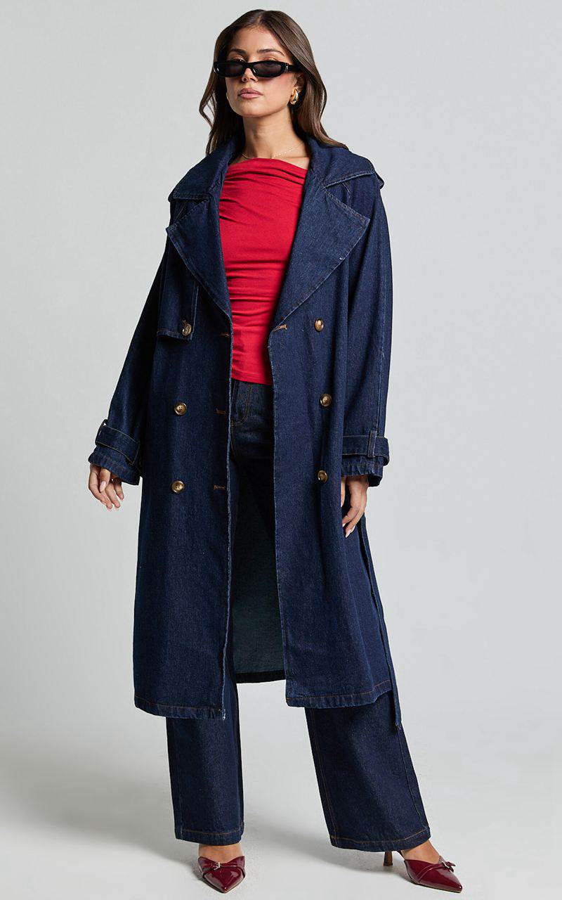 Showpo Vinnie Trench Coat - Denim Washed Trench Coat Dark Blue Wash | TIMSGD824