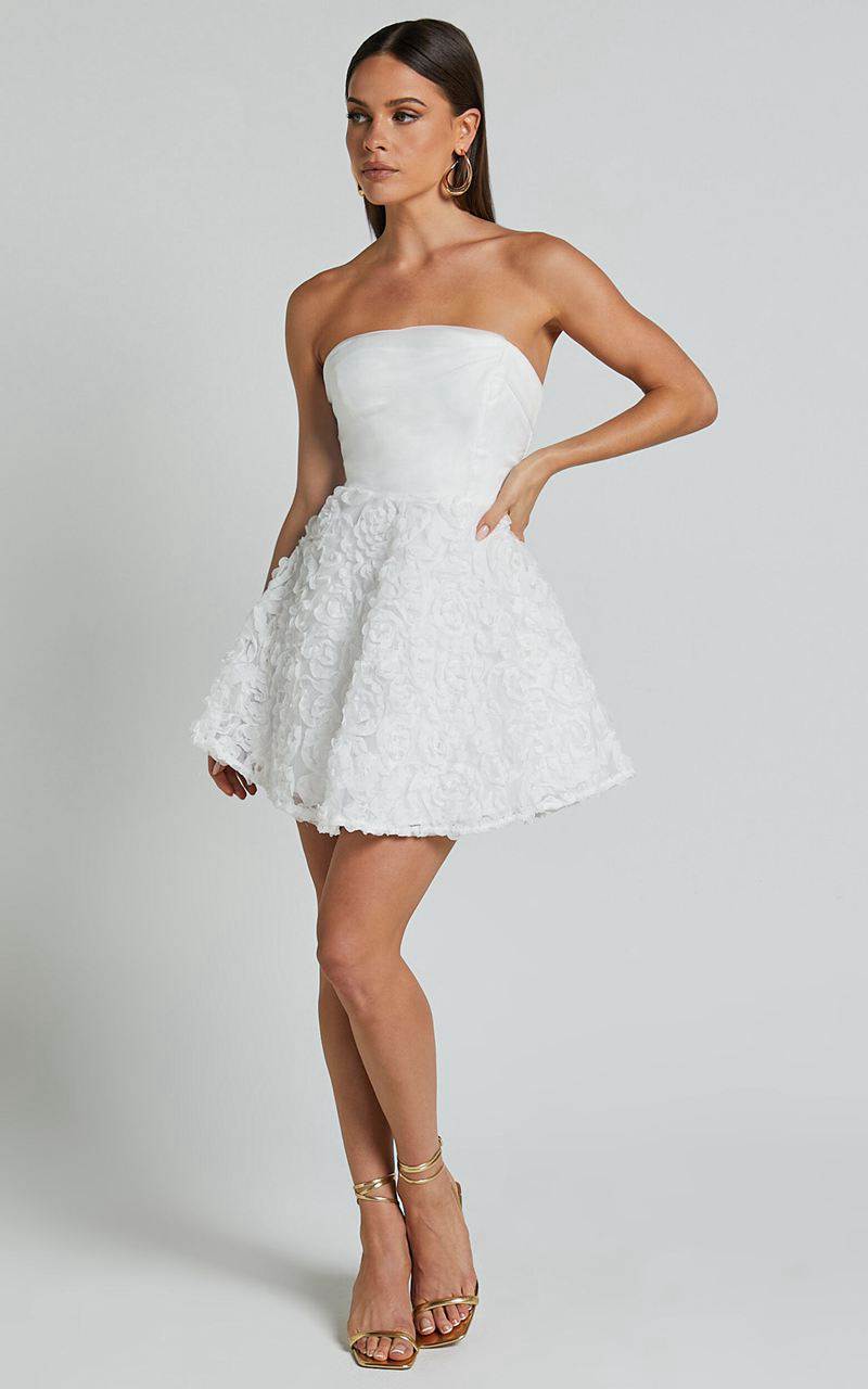 Showpo Violeta Mini Dress - Strapless 3d Floral Dress White | SJCNUF329