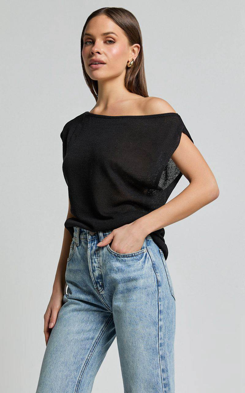 Showpo Violeta Top - Off The Shoulder Relaxed Fit Knit Top Black | VZMGRL857