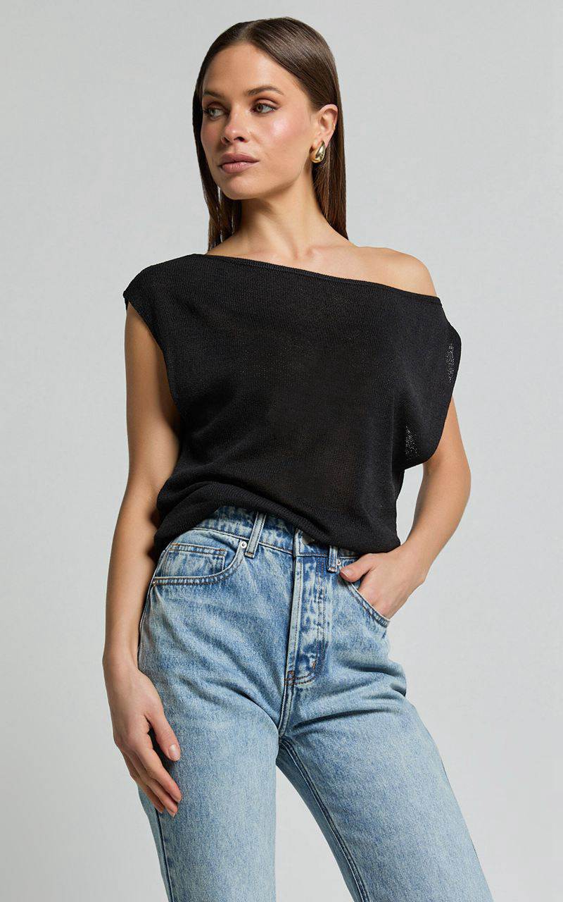 Showpo Violeta Top - Off The Shoulder Relaxed Fit Knit Top Black | VZMGRL857