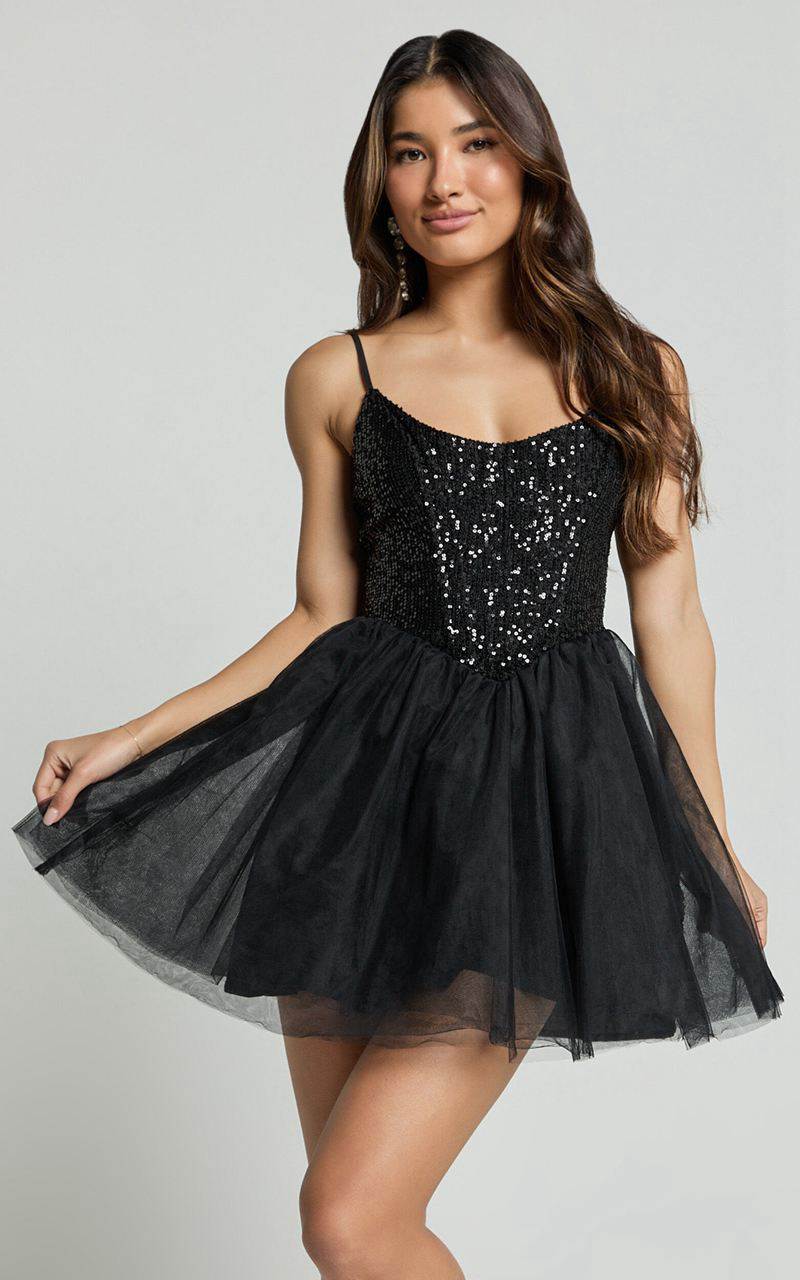 Showpo Violette Mini Dress - Sequin Corset Tulle Skirt Dress Black | GUPFSB173