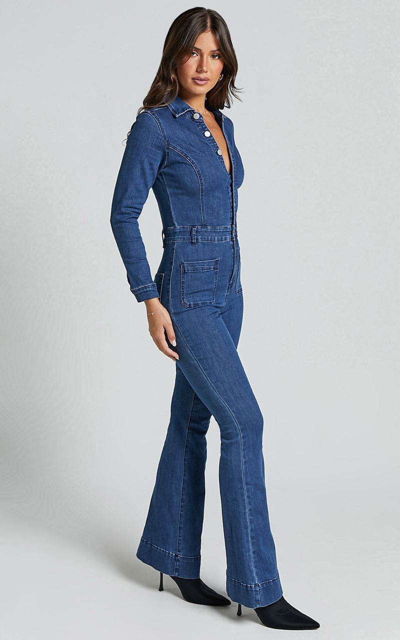 Showpo Vivi Jumpsuit - Button Front Wide Leg Denim Jumpsuit Indigo Wash | QSGOZH825