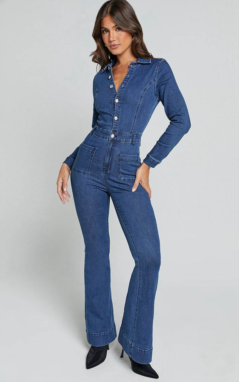 Showpo Vivi Jumpsuit - Button Front Wide Leg Denim Jumpsuit Indigo Wash | QSGOZH825