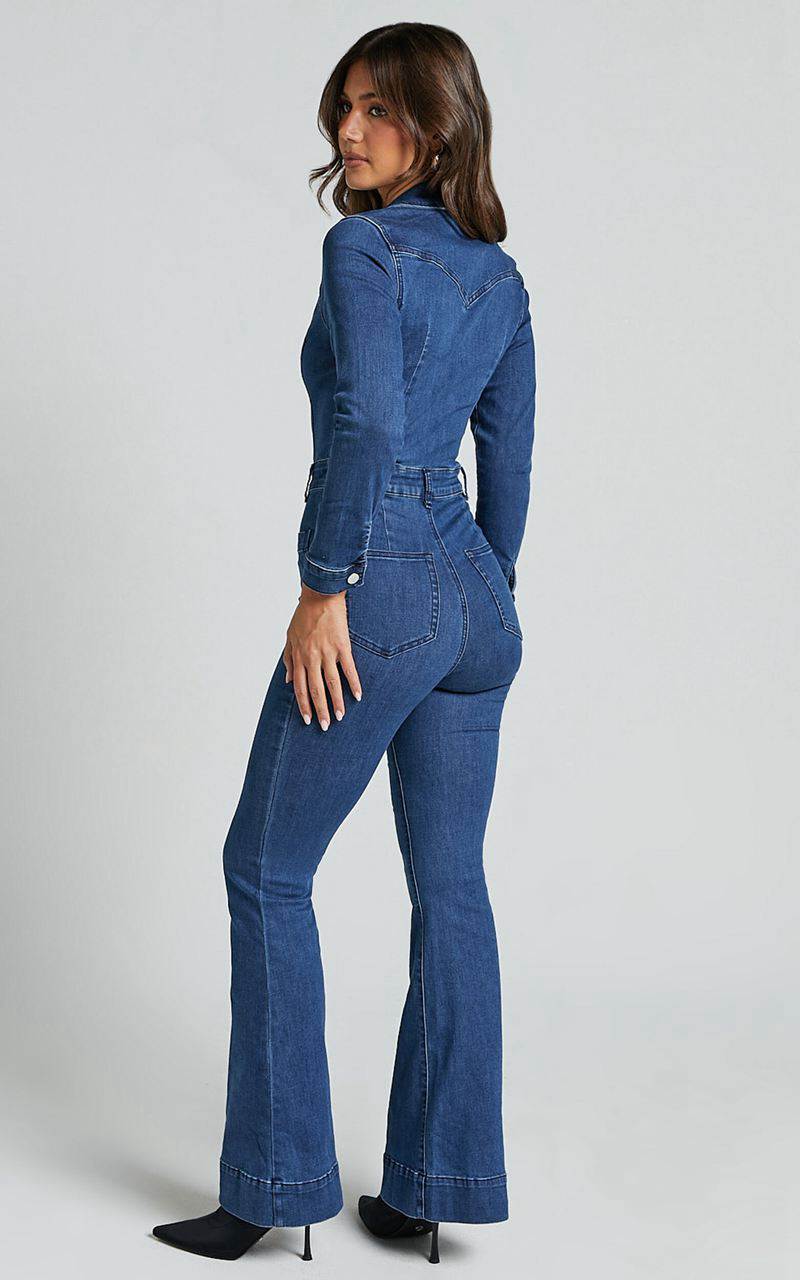 Showpo Vivi Jumpsuit - Button Front Wide Leg Denim Jumpsuit Indigo Wash | QSGOZH825