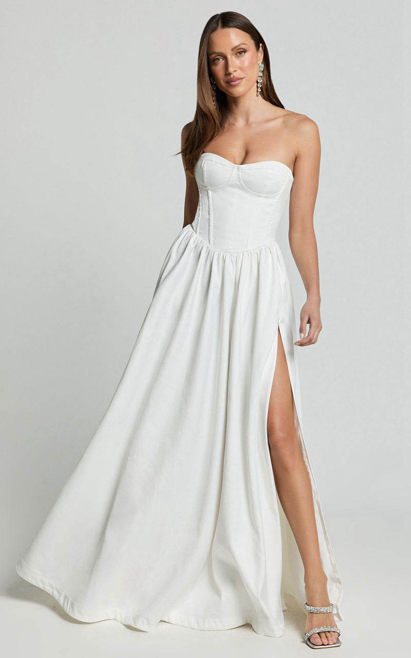 Showpo Vivian Maxi Dress - Strapless Corset Front Split Dress Ivory | AGJRKP832