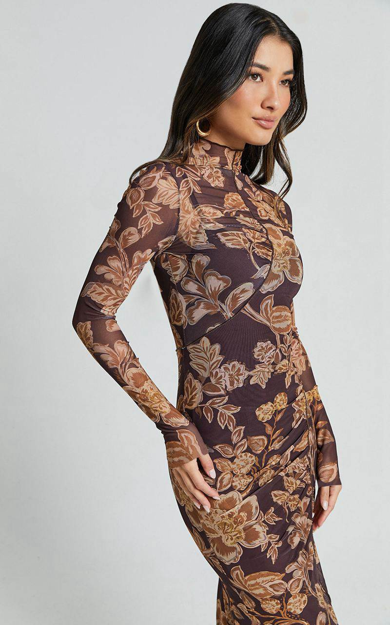 Showpo Vivian Midi Dress - High Neck Long Sleeve Mesh Dress Amber Bloom Print | WSQTBY241