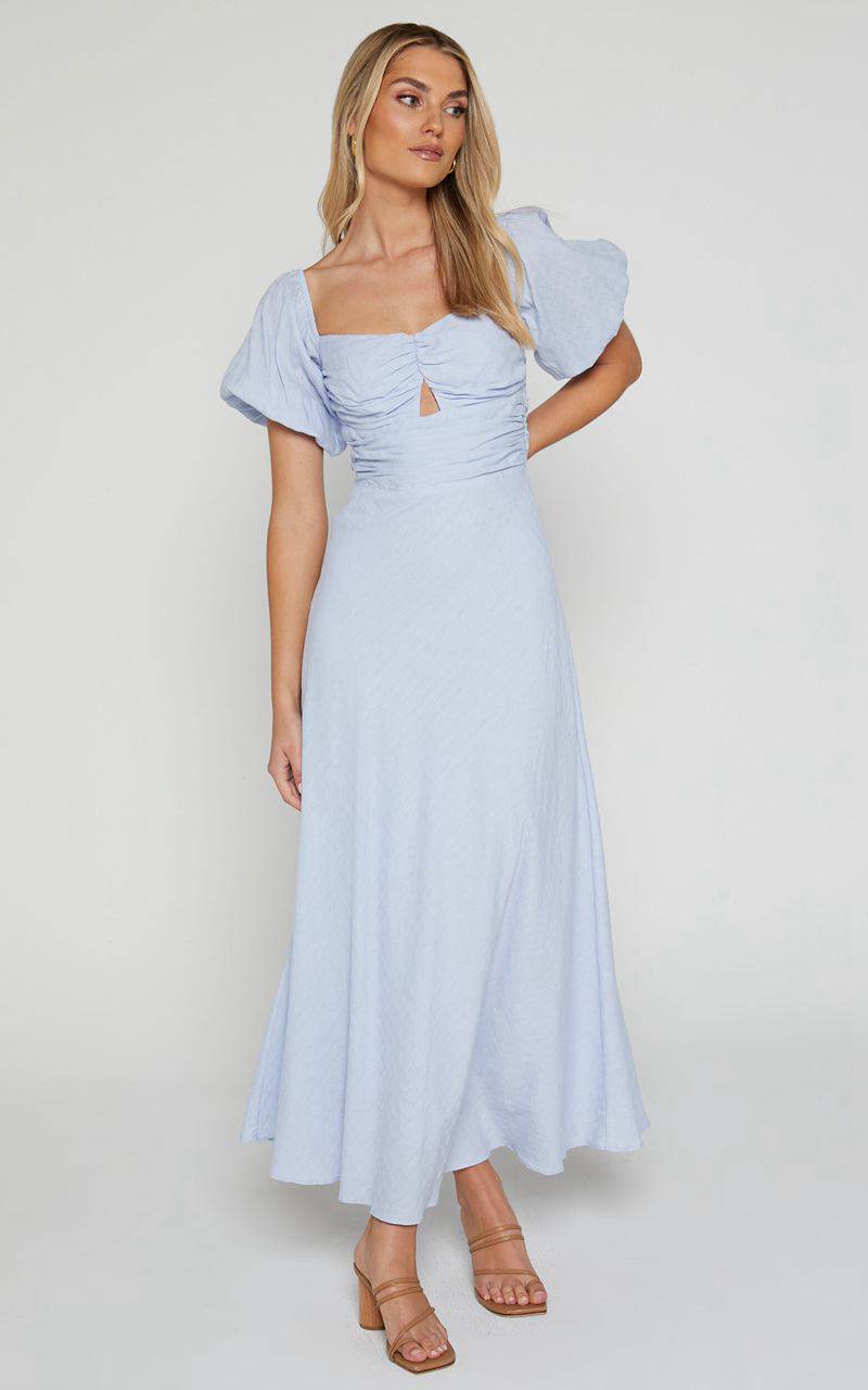 Showpo Vynna Midi Dress - Scoop Neck Puff Sleeve Ruched Bust A Line Dress Blue | WGTZCO074