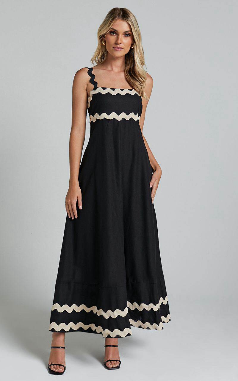 Showpo Wenalyn Midi Dress - Straight Neck Wave Detail A Line Dress Black With Beige Contrast Trim | DLGKOJ196