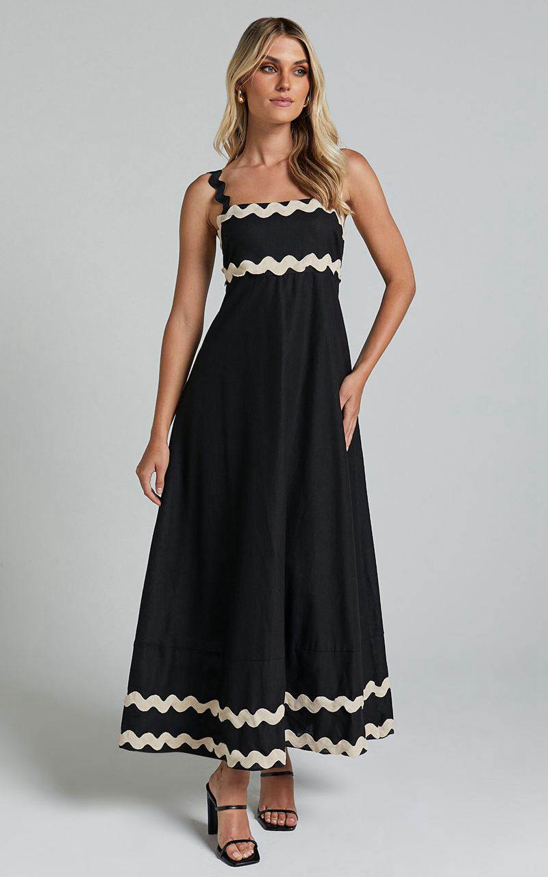 Showpo Wenalyn Midi Dress - Straight Neck Wave Detail A Line Dress Black With Beige Contrast Trim | DLGKOJ196