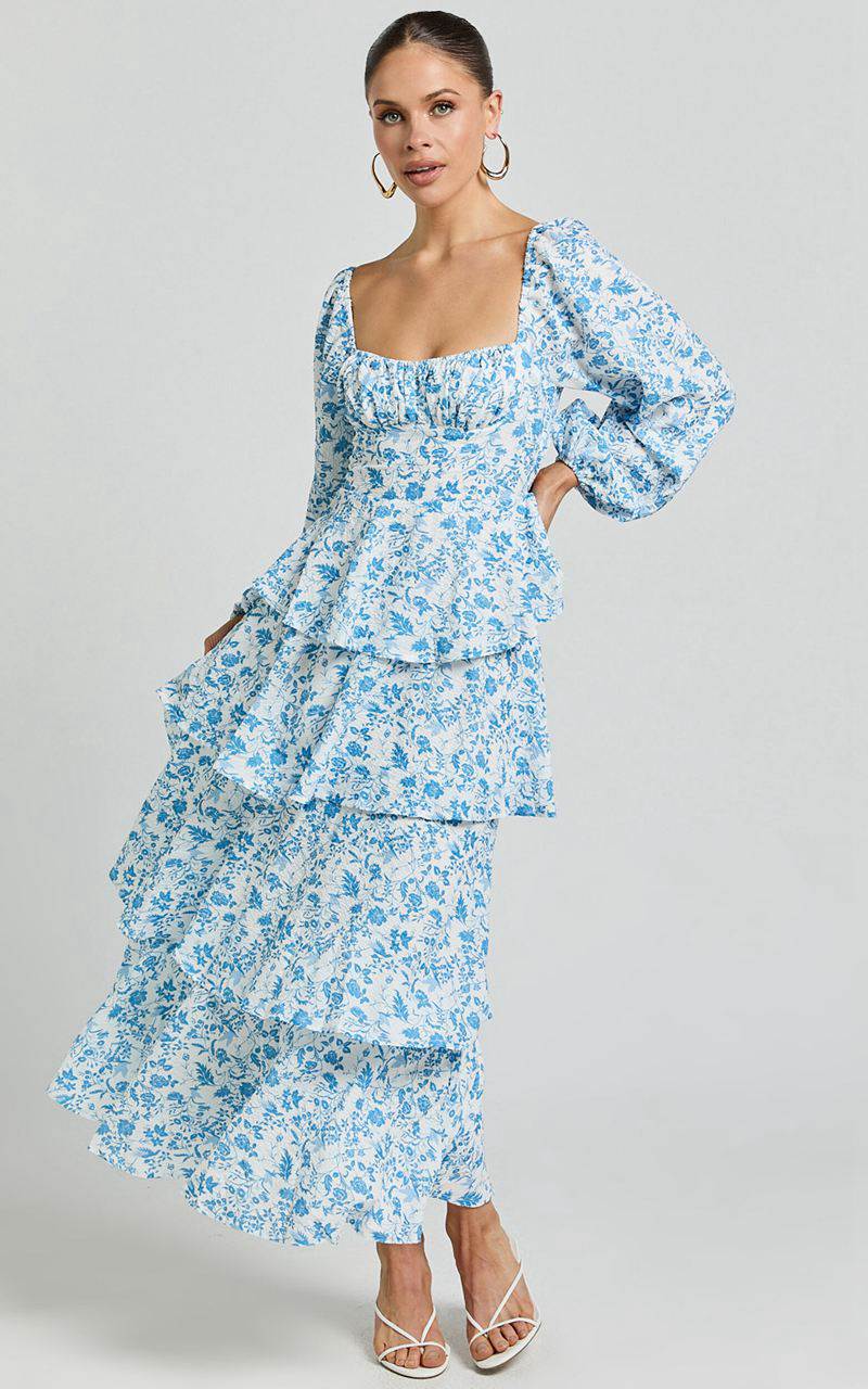 Showpo Wendy Midi Dress - Sweetheart Long Sleeve Layered Dress Blue Floral | GIDLNJ931