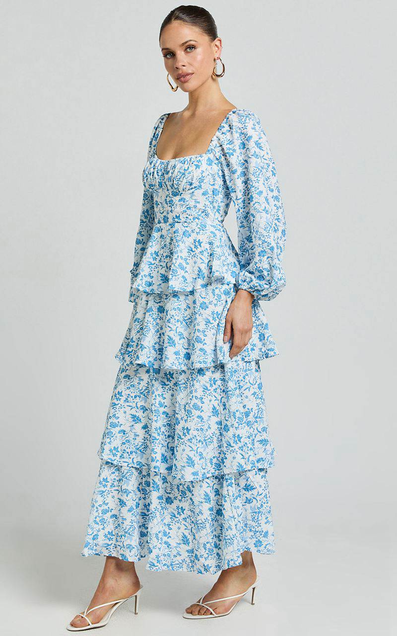 Showpo Wendy Midi Dress - Sweetheart Long Sleeve Layered Dress Blue Floral | GIDLNJ931