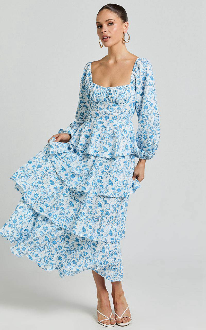 Showpo Wendy Midi Dress - Sweetheart Long Sleeve Layered Dress Blue Floral | GIDLNJ931