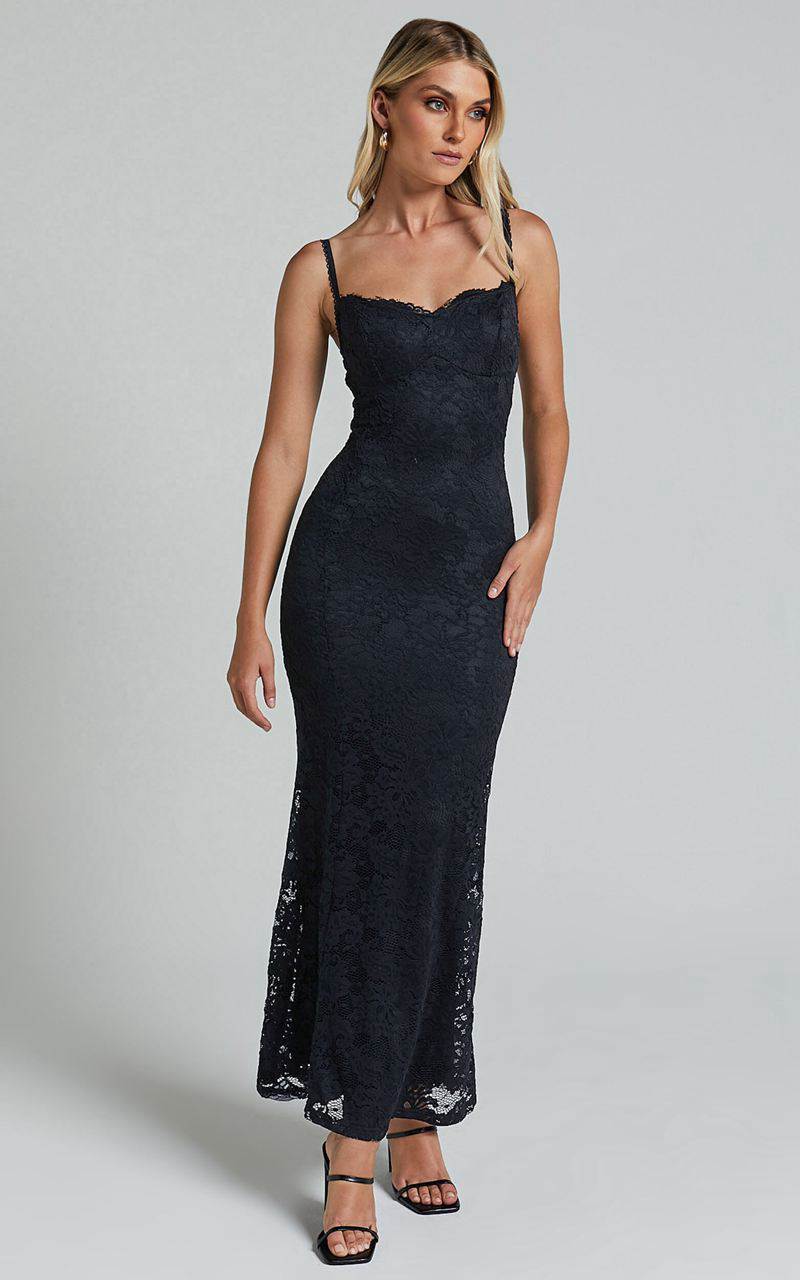 Showpo Westina Midi Dress - Sweetheart Sleeveless Lace Floral Detail Dress Black | DFNHCS654