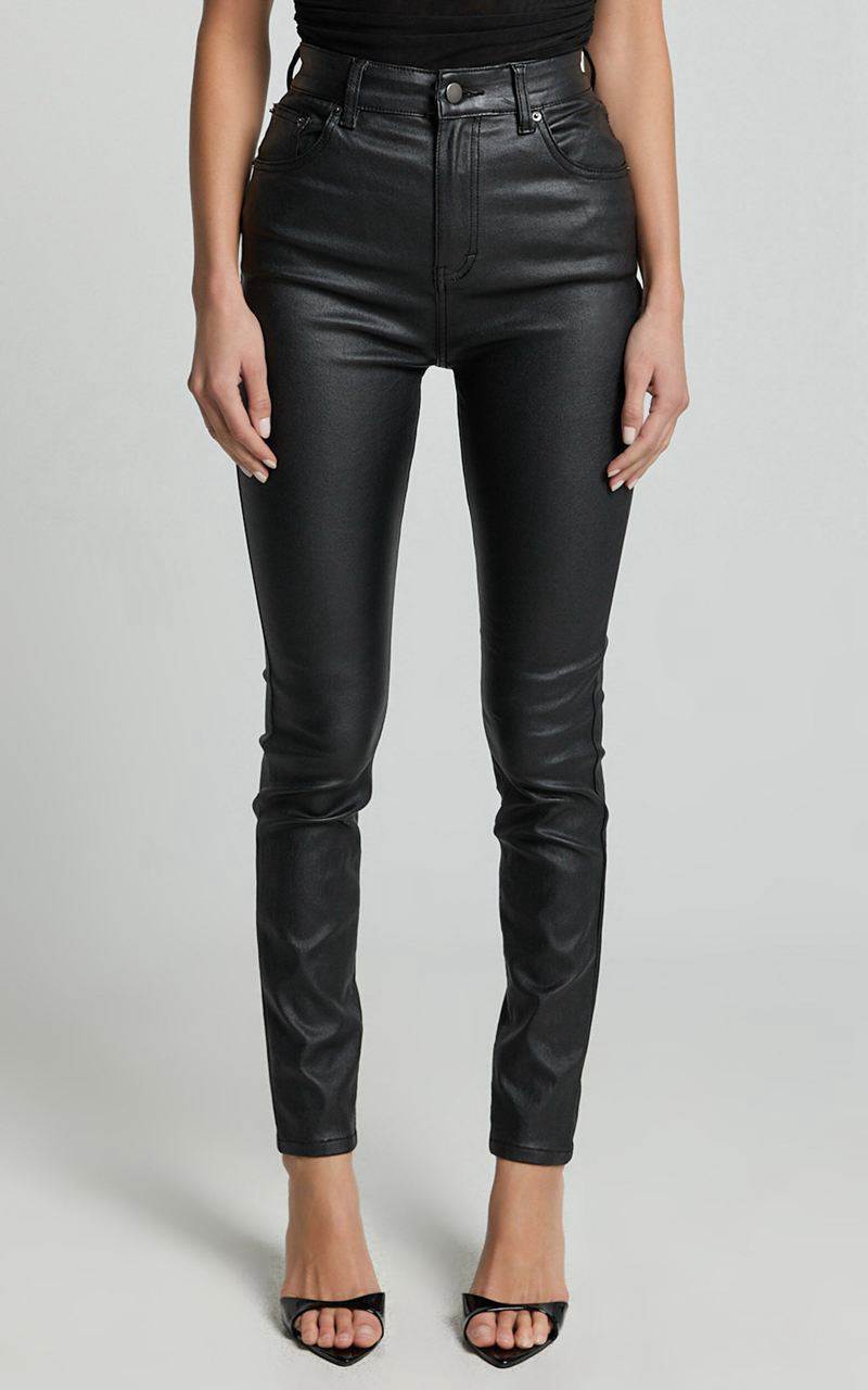 Showpo Whinnie Jeans - High Waist Skinny Coated Denim Jeans Black | WHQGMB906