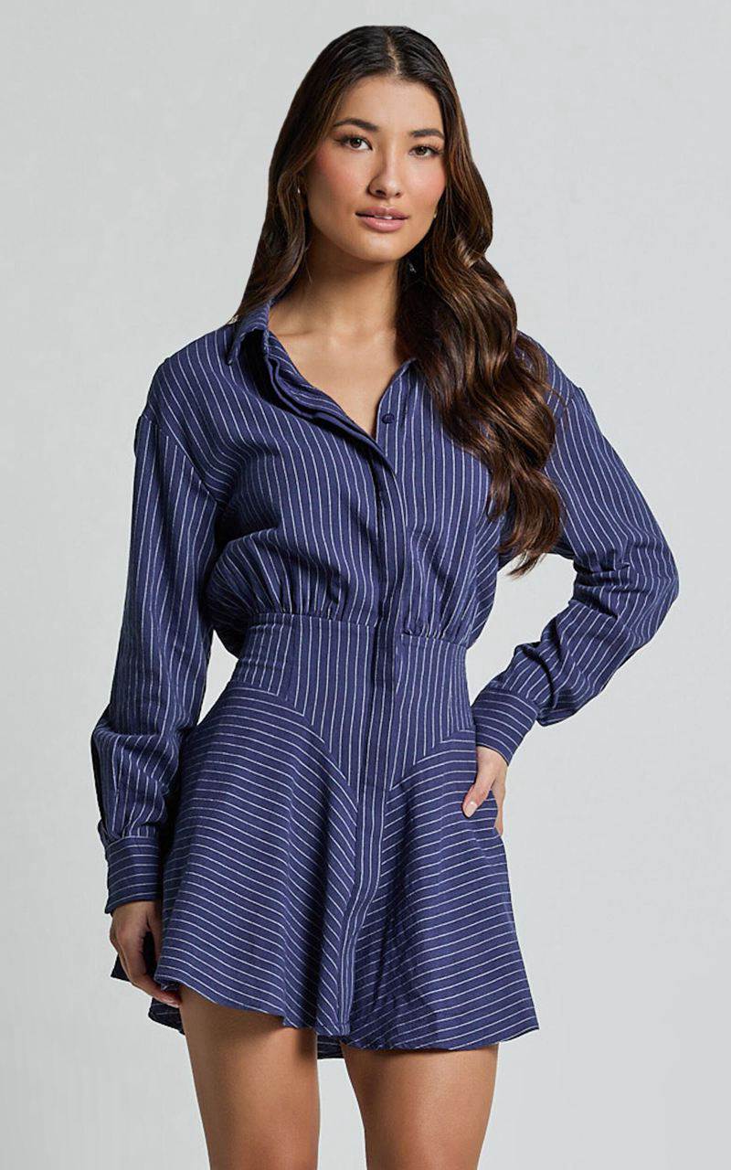 Showpo Whitney Mini Dress - Linen Look Long Sleeve Shirt Dress Navy | PQFJVD175