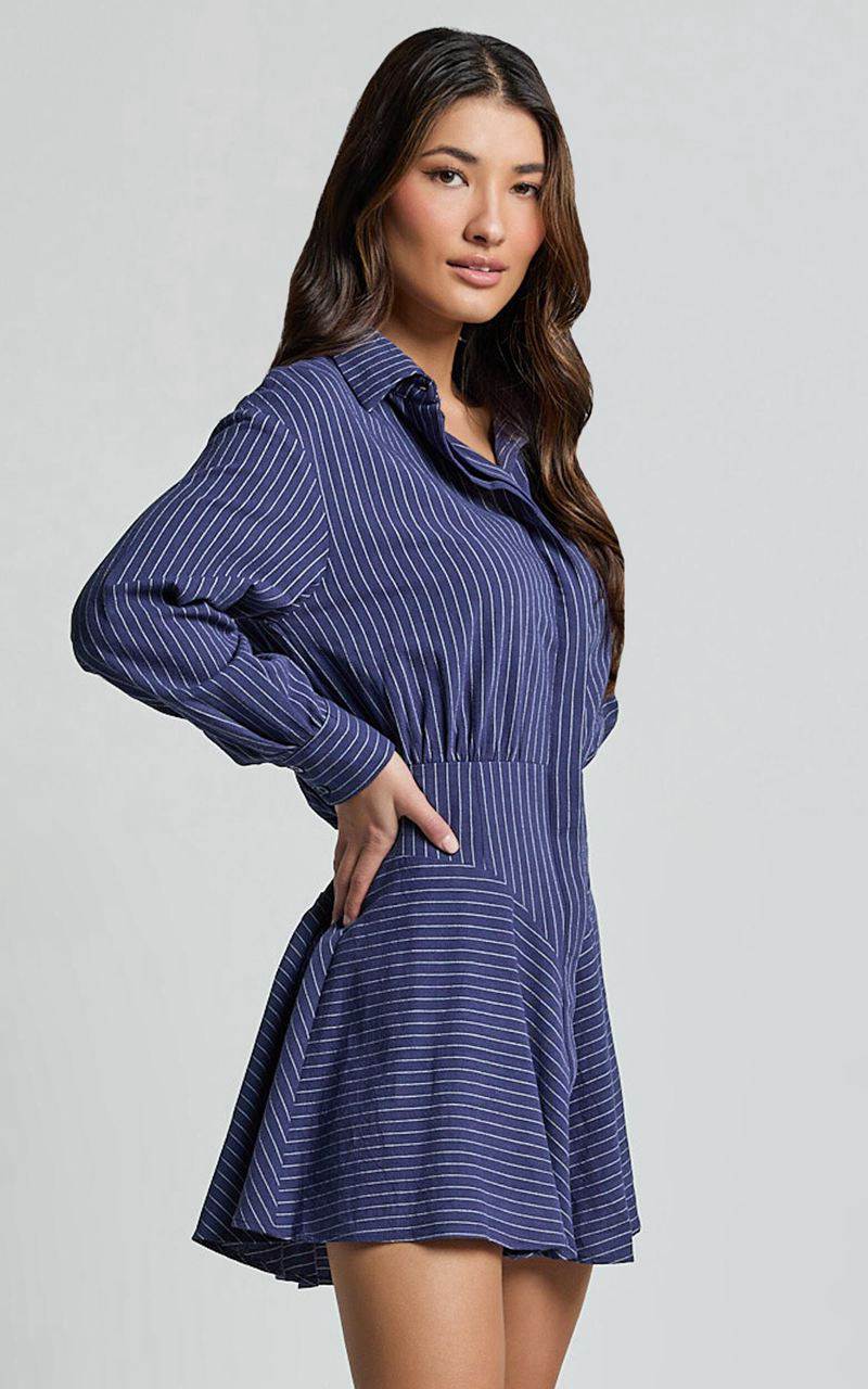 Showpo Whitney Mini Dress - Linen Look Long Sleeve Shirt Dress Navy | PQFJVD175