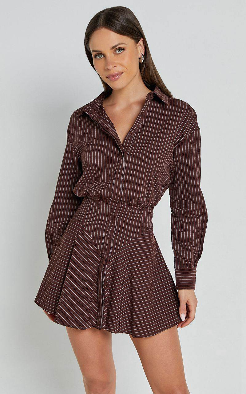 Showpo Whitney Mini Dress - Linen Look Long Sleeve Shirt Dress Chocolate Pinstripe | XFPLNG504