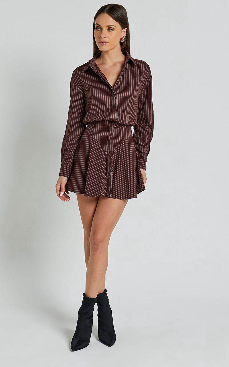 Showpo Whitney Mini Dress - Linen Look Long Sleeve Shirt Dress Chocolate Pinstripe | XFPLNG504