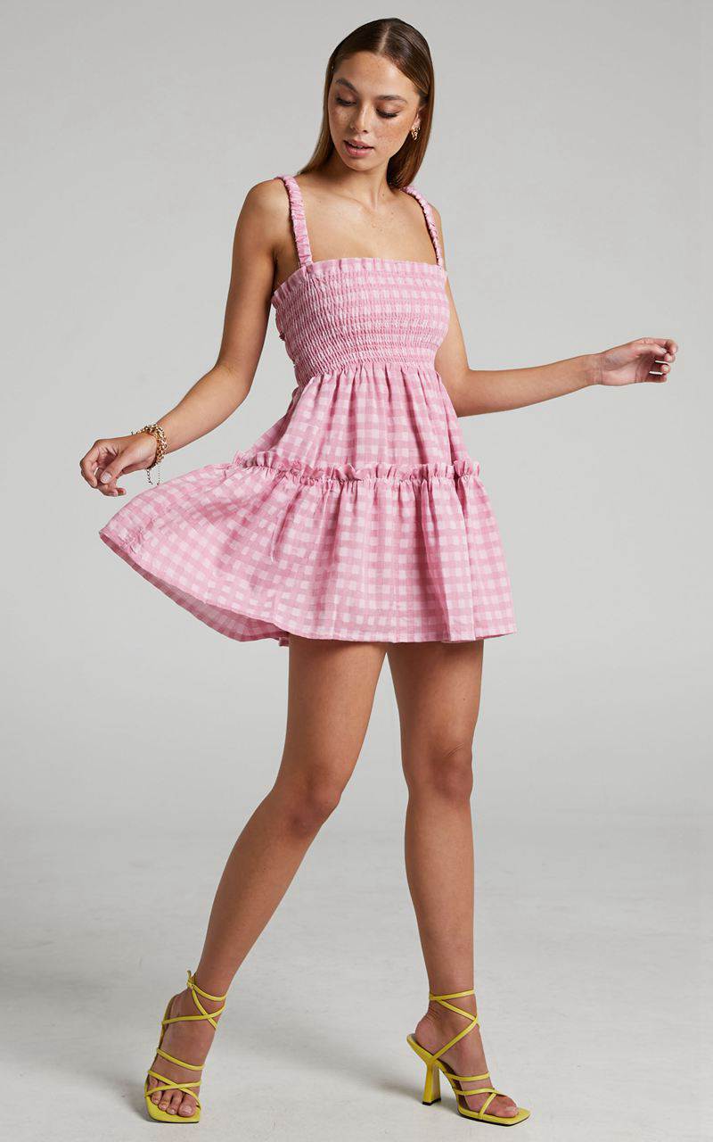 Showpo Wilda Mini Dress - Shirred Tiered Dress Pink Check | UOMNAK285