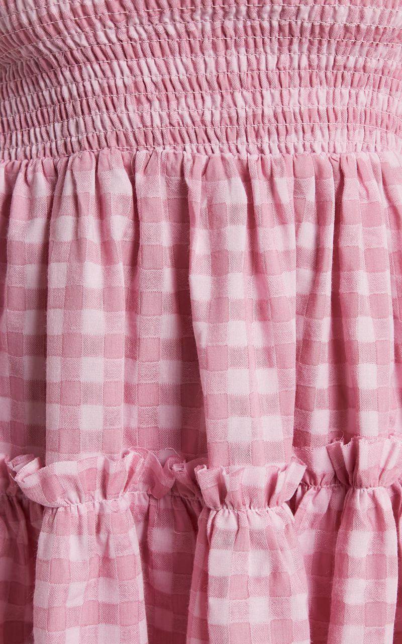 Showpo Wilda Mini Dress - Shirred Tiered Dress Pink Check | UOMNAK285