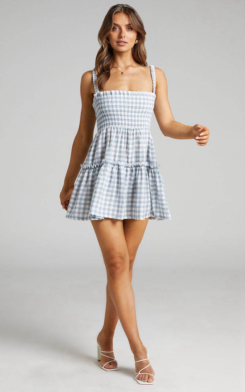 Showpo Wilda Mini Dress - Shirred Tiered Dress Light Blue Gingham | RSLNWM835